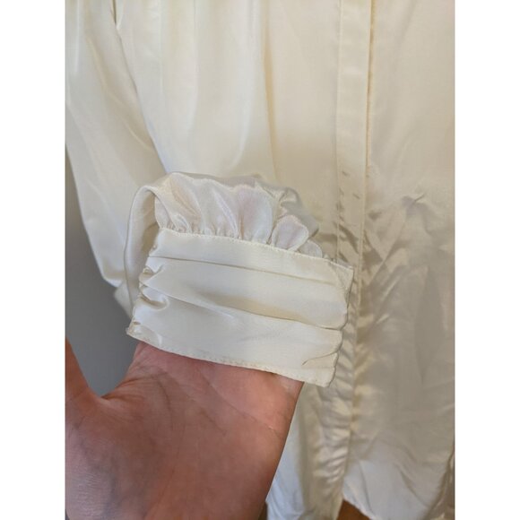 Vintage 80s Cream Satin High Neck Blouse Secretary Top Button Up Retro Sz 14 - Picture 6 of 10
